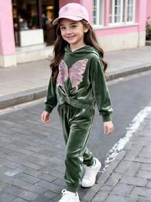 SHEIN Elladie kids 女小童蝴蝶貼布扭結下擺連帽衫和運動褲 - 綠色 - 查看 1