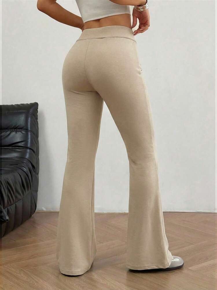 SHEIN EZwear 女士针织刺绣喇叭裤，杏色，夏季 - 杏色 - 查看 2