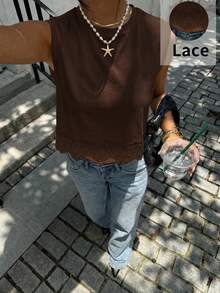 Siren Gaze Spring/Summer New Solid Color Lace Patchwork Round Neck Camisole For Women,Summer Top - Coffee Brown - View 6