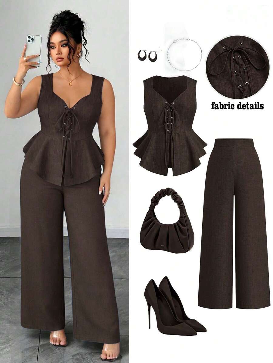 Elenzga Setelan 2 Potong Wanita Ukuran Besar: Atasan Tanpa Lengan Nyaman Dua Warna Bahan Linen Imitasi dengan Pita Berlubang dan Hiasan Rumbai di Bagian Bawah, Desain Terbuka Elegan + Celana Setelan Longgar Serbaguna untuk Perjalanan - Coklat - View 1