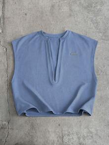 AXEPEAK Men's Metal Letter Patchwork Deep V-Neck Casual Tank Top - Blue - View 4