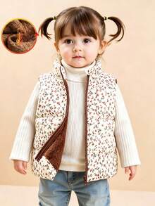 SHEIN Vintaside Kids 女嬰復古田園花卉圖案絎縫人造毛背心，適合日常穿著、疊穿與外出，秋冬款 - 棕色 - 查看 5