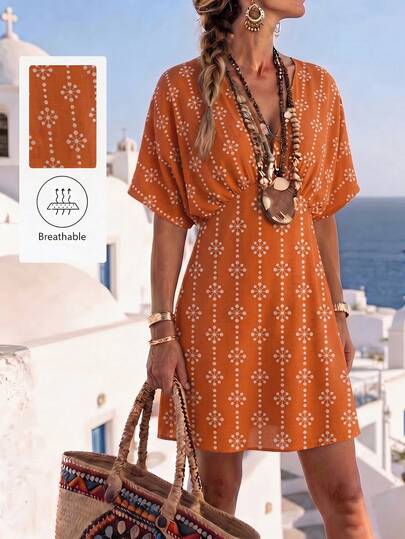 SHEIN Holidaya 海滩度假连衣裙 波西米亚风迷你裙 休闲浪漫短裙 V领蝙蝠袖休闲连衣裙 V领收腰短裙 性感约会之夜连衣裙 适合音乐节、海滩度假、日常休闲穿着