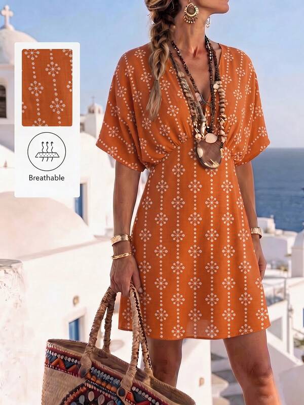 SHEIN Holidaya 海滩度假连衣裙 波西米亚风迷你裙 休闲浪漫短裙 V领蝙蝠袖休闲连衣裙 V领收腰短裙 性感约会之夜连衣裙 适合音乐节、海滩度假、日常休闲穿着