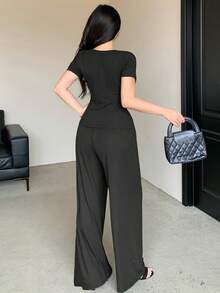 DAZY 女款 2 件套黑色 T 恤開襟衫直筒長褲休閒居家運動套裝，適合春夏秋季 - 黑色 - 查看 6