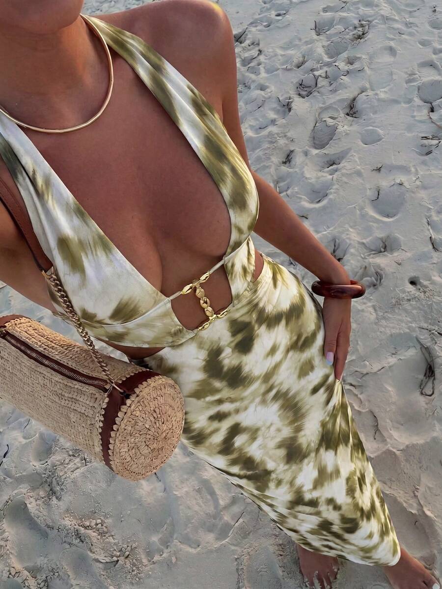 Aloruh Elegantes, sexy Damen-Strandkleid für den Urlaub, figurbetont, lang, mit vorderem Cutout, Perlendekor und Zebramuster - Verschiedenfarbig - Übersicht 1