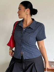 Dazy Plus Plus Size Striped Fitted Sexy Faux Pocket Short Sleeve Spring Summer Cropped Shirt - Navy Blue - View 4