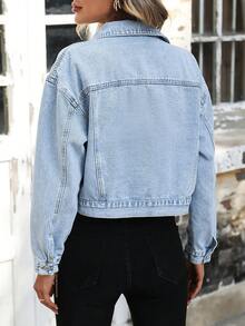 SHEIN PETITE Women's Outdoor Button-Front Fashion Casual Versatile Petite Denim Jacket - Light Wash - View 2