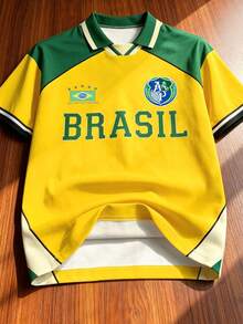 Manfinity Campus Court 復西橄欖球 Polo 衫男款，黃色夏季街頭風度假寬鬆版型拼色 Brasil 球衣，短袖圖案足球上衣 - 彩色 - 查看 5