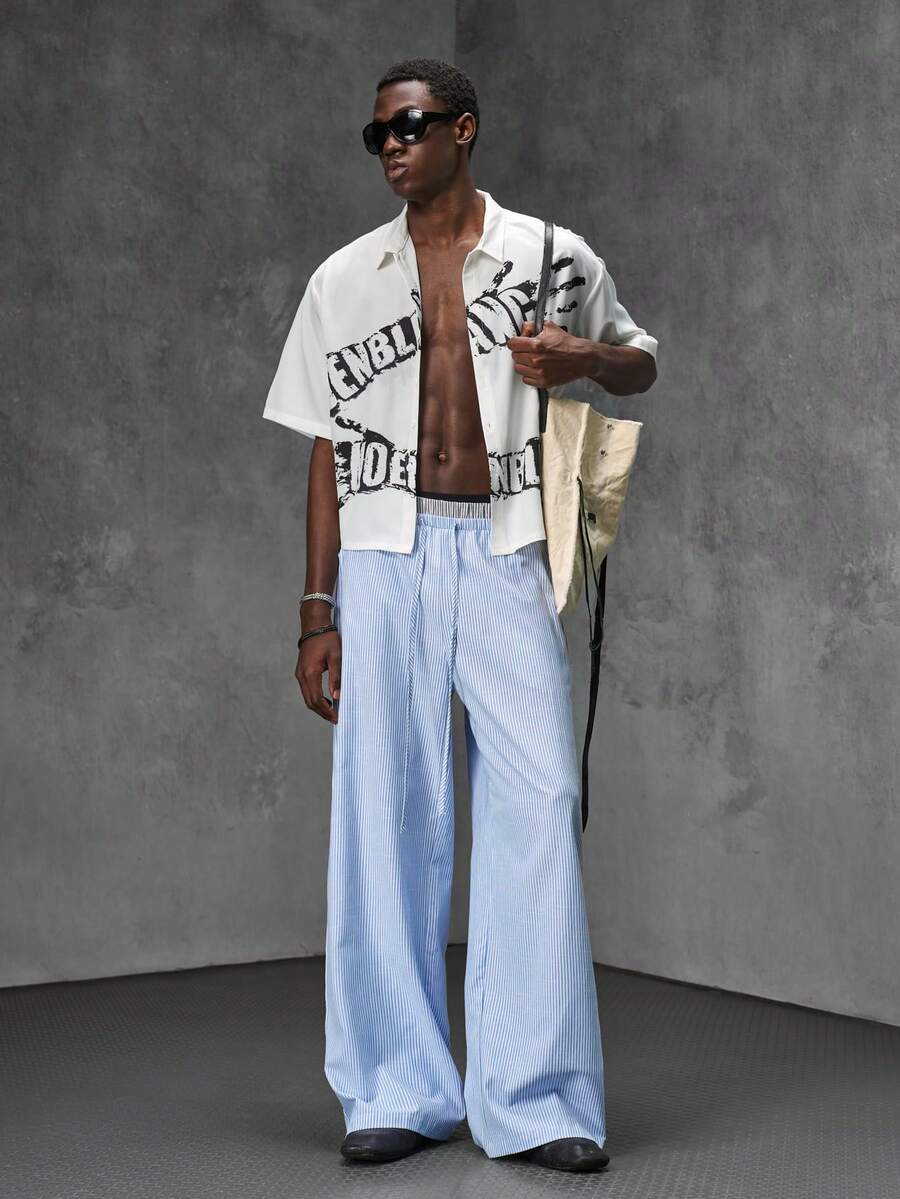 NEON BLANC Men's Slate Blue Wide Leg Pants, Drawstring Waist Loose Fit Streetwear - Blue and White - View 1