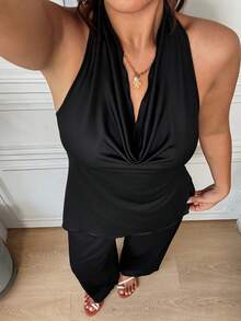 SHEIN EZwear 黑色休閒女款大尺碼垂領掛脖背心上衣與長褲套裝 - 杏色 - 查看 5