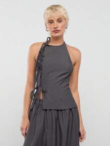 COUREZ 細條紋修身無袖上衣，前領繫帶設計，Y2K 春季女裝，可愛性感女款上衣，適合外出、派對、電音節慶穿搭，夏季上衣套裝，格紋梭織襯衫上衣，修身兩件式套裝 - 黑色 - 查看 4