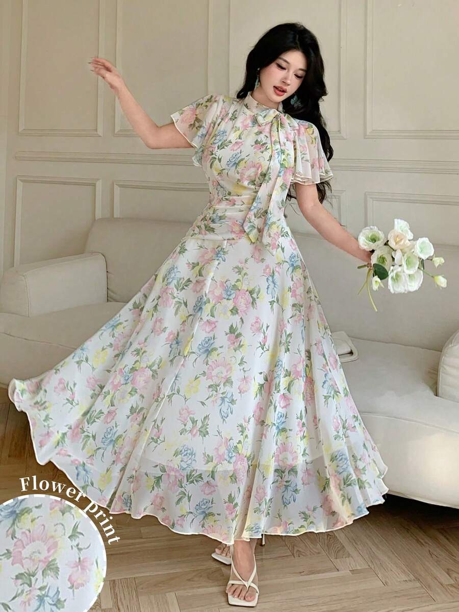 Modelyn Tie-Up Waist Ruched Chiffon Floral Print Flared Dress For Women - Multicolor - View 1