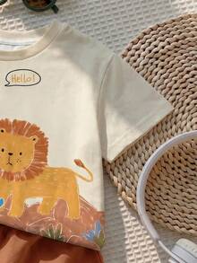 SHEIN LMoss Kids 男嬰休閒簡約上衣，適合春夏，經典可愛卡通蠟筆手繪獅子動物印花 - 彩色 - 查看 6