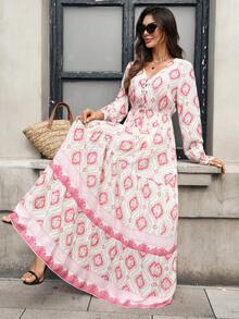 SHEIN Floral Print Knot Front Flounce Sleeve Ruffle Hem Maxi Dress For New Year Clothes - Pink - View 6