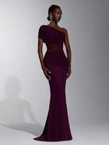 Elitara Anker Dark Purple Lace Mesh One Shoulder Asymmetric Ruched Bodycon Mermaid Long Maxi Dress Women's Elegant Classy Prom Wedding Guest Evening - Burgundy - View 1