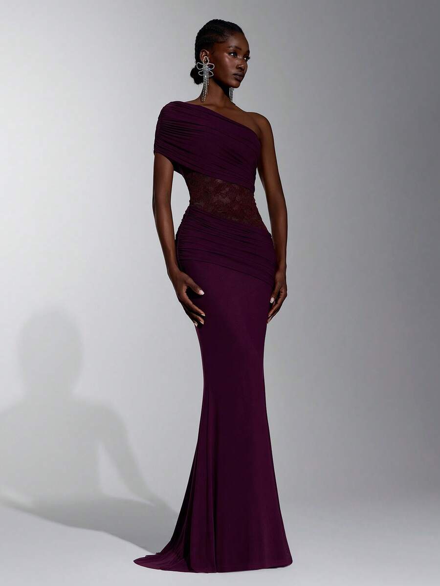 Elitara Anker Dark Purple Lace Mesh One Shoulder Asymmetric Ruched Bodycon Mermaid Long Maxi Dress Women's Elegant Classy Prom Wedding Guest Evening - Burgundy - View 1