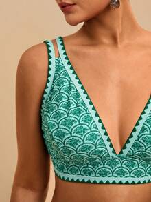Travachic Plus Size Women Fuchsia Floral Print Swimwear Set - Green - View 8