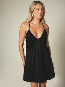 KSTM Gathered Neckline Plunge V Mini Dress Satin Sleeveless A-Line Party Summer Evening Short Dress - Black - View 1