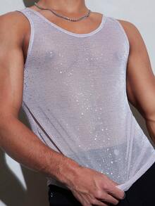 FeverCity 男士透視亮片圓領無袖網眼背心 - 粉色 - 查看 5