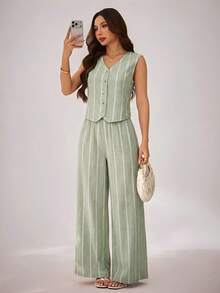 SHEIN PETITE 法式復古休閒條紋無袖上衣與寬腿褲兩件套女裝，夏季女款休閒條紋前扣背心上衣與長褲套裝，春夏套裝，適用情人節、嘉年華、海灘、派對、婚禮、優雅度假休閒無袖背心套裝 - 薄荷綠 - 查看 7