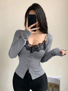 DAZY 女款兩件套：對比色蕾絲細肩帶上衣與短版長袖上衣，春/秋季 - 灰色 - 查看 9