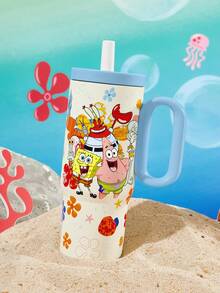 SpongeBob SquarePants | SHEIN 24盎司帶手柄保溫杯，真空隔熱水壺，不鏽鋼旅行隨行杯，車用杯 - 米白色 - 查看 2