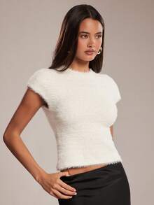 SHEIN BAE Women White Short Sleeve Top, Fuzzy Fluffy Knit T-Shirt With Open Back Cutout, Soft Plush Going Out Top For Summer Night/Open Back Cutout/ Fluffy - Apricot - View 4