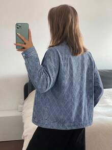 Livesso Jaket Denim Katun Biru Pendek Longgar Wanita Musim Gugur dengan Kerah Lipat, Lengan Panjang, Motif Berlian, dan Resleting - Biru - View 2