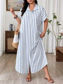 SHEIN LUNE CURVE 女款夏季條紋襯衫洋裝，寬鬆版型，肩袖設計，翻領，前開鈕扣，百搭長版襯衫洋裝 - 霧霾藍 - 查看 6
