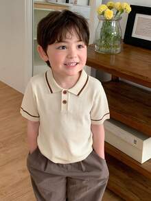 DAZY Infant/Toddler (Boy) Korean Style Striped Solid Color Short Sleeve Polo Collar Top - Beige - View 6