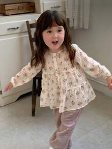 DAZY Baby Girl Round Neck All-Over Floral Print Long Sleeve Top Toddler Fall - Beige - View 3