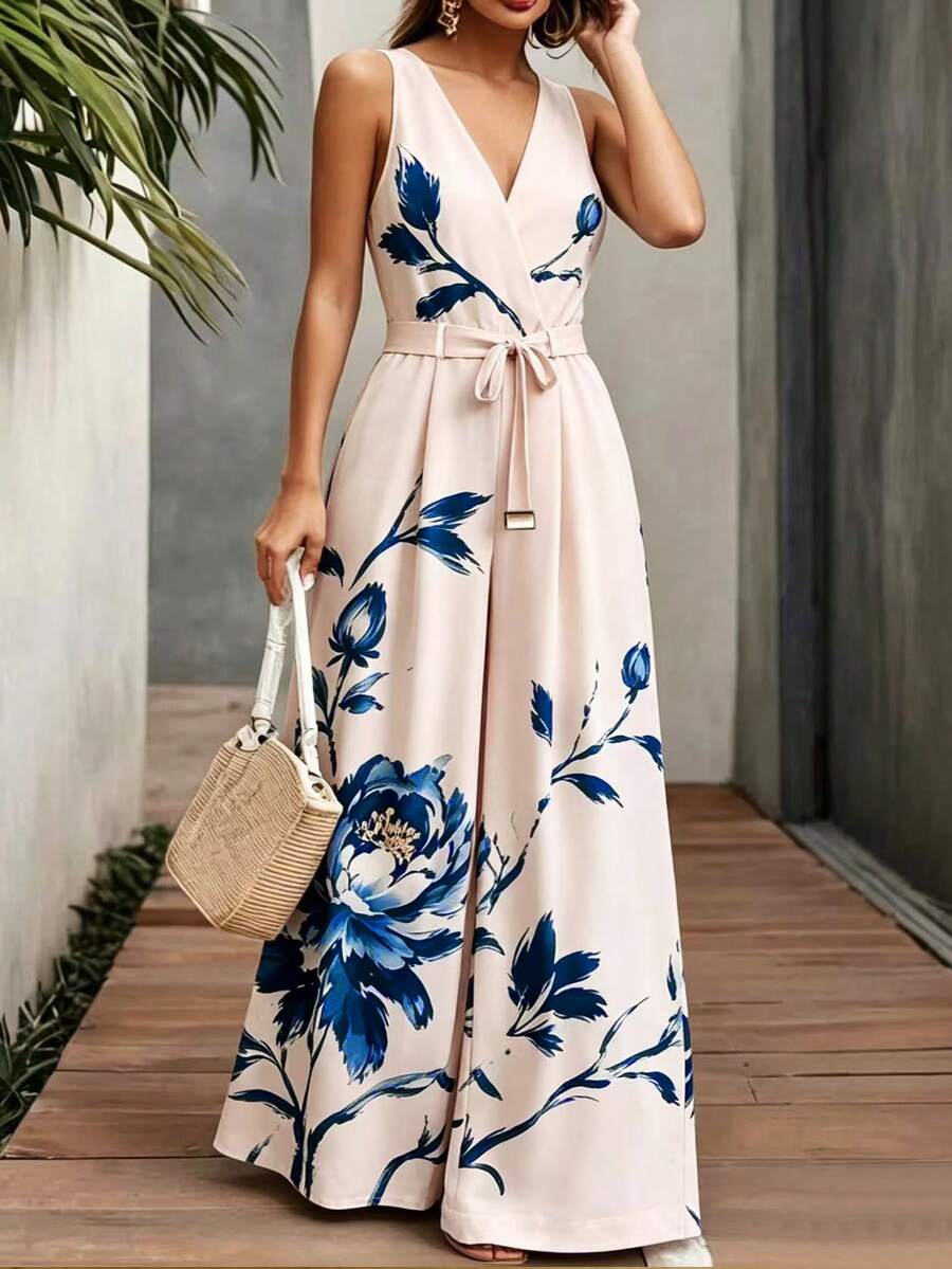 EMERY ROSE Women's Printed Fabric Lace-Up Jumpsuit, Elegant And Fashionable, Suitable For Vacation And Daily Wear. - Multicolor - View 1