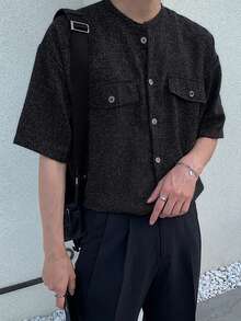 DAZY Short Sleeve Collarless Minimalist Textured Fabric Men's Shirt Summer - Black - View 3