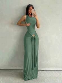 Aloruh 女款春夏度假新款棕色無袖貼身魚尾洋裝，適合街頭穿搭、日常、通勤 - 綠色 - 查看 3