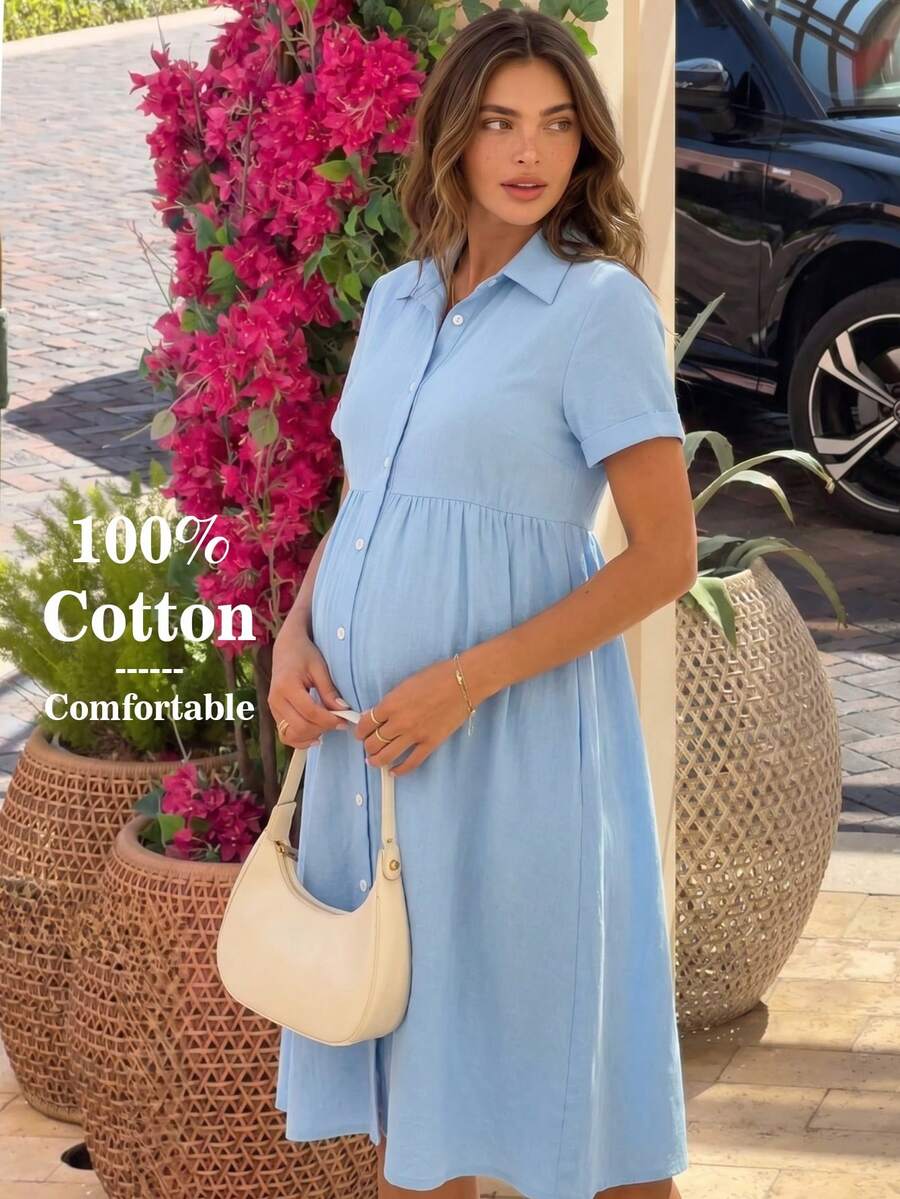 SHEIN 孕婦紋理單排扣短袖休閒度假洋裝 - 藍色 - 查看 1