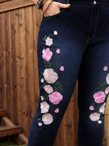 EMERY ROSE 大尺碼女款休閒淺藍色刺繡無彈力牛仔長褲 正式約會之夜夏季款 - 深色水洗藍 - 查看 6