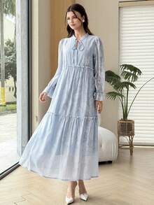 Al Najma Stand Collar Long Sleeve Embossed Jacquard Blue Color Block Dress - Blue - View 9