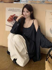 DAZY 女款純色領口長袖襯衫附內搭背心，韓系休閒2件套，可愛校園風上衣，適合早午餐，海軍藍白色，秋季 - 灰色 - 查看 7