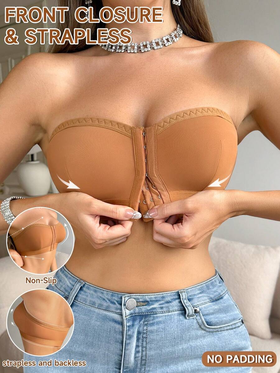 SHEIN 1件裝女款時尚前扣防滑穩固平胸式內衣 - 棕色 - 查看 1