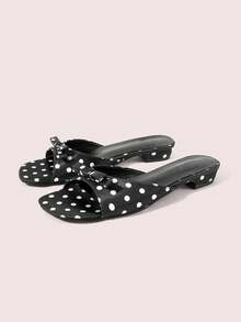 CUCCOO DOLLMOD Women's Shoes, Black And White Polka Dot Bow Decorative Square Toe Flat Sandals, Casual Satin Open-Toed Slippers, Suitable For Daily Wear - Black - View 2