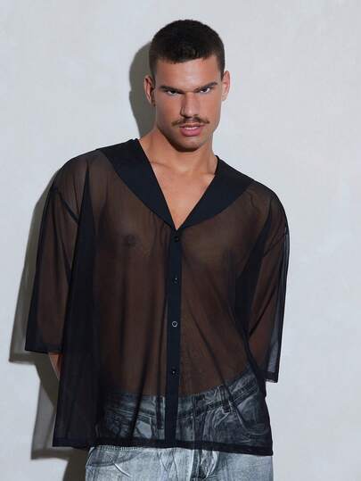 FeverCity Men's Solid Color Mesh Casual Sheer Single-Breasted Daily Wear Shirt