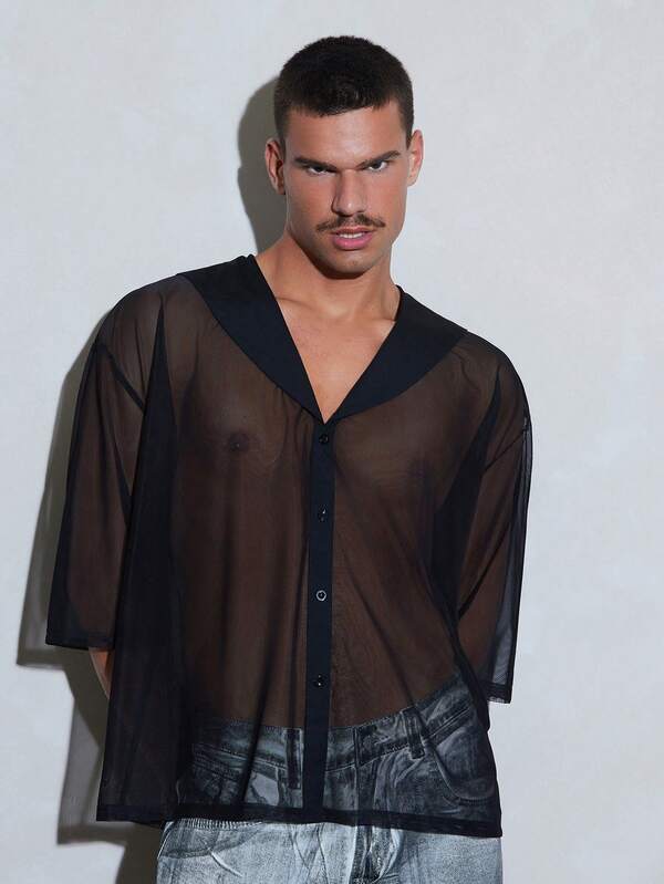 FeverCity Men's Solid Color Mesh Casual Sheer Single-Breasted Daily Wear Shirt