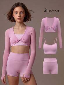 SHEIN 少女粉色三件套运动套装——背心、短裤和运动上衣组合，高弹亲肤面料，适合舞蹈训练、瑜伽练习和日常运动。 - 粉色 - 查看 2