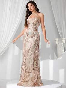 Coutiva Women's Formal Evening Gown Heavily Embellished Beaded Sequins Maxi Dress,Prom Graduation Gift,Suspender Summer Party Dress For Wedding Guest - Apricot - View 7