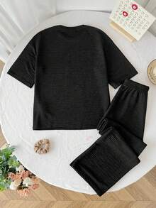 Setelan 2 Potong untuk Anak Perempuan Remaja: Kaos Rajut Hitam Lengan Pendek Leher Bulat dengan Tekstur Bahu Jatuh dan Celana Panjang Longgar, Cocok untuk Pakaian Kasual Sehari-hari, Kembali ke Sekolah, dan Gaya Busana Preppy. - Hitam - View 9