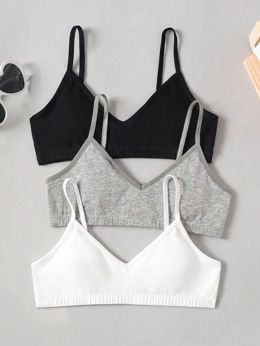 SHEIN 兒童青少年女孩極簡舒適純色V領加墊露背內衣3件組 - 灰色 - 查看 1