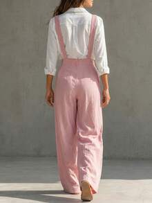 Solivie Women's Textured Sweet Button Pocket Pleated Suspender Pants Fashion - Pink - View 3