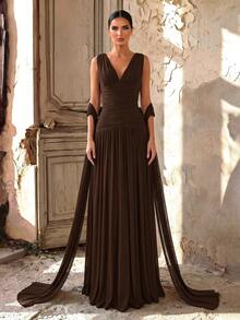 Aureia Elegant Brown Summer Wine Red Glossy Mesh V-Neck Ruched Super Flared A-Line Skirt (Detachable Halter Chiffon Flounce) Formal Evening Wedding Dress - Coffee Brown - View 3