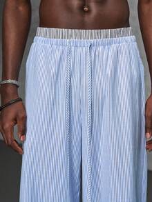 NEON BLANC Men's Slate Blue Wide Leg Pants, Drawstring Waist Loose Fit Streetwear - Blue and White - View 5